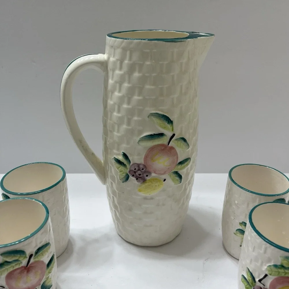 Vintage Hand-Painted Ceramic Picture Basket Weave Tropical Fruit 5 Tumblers